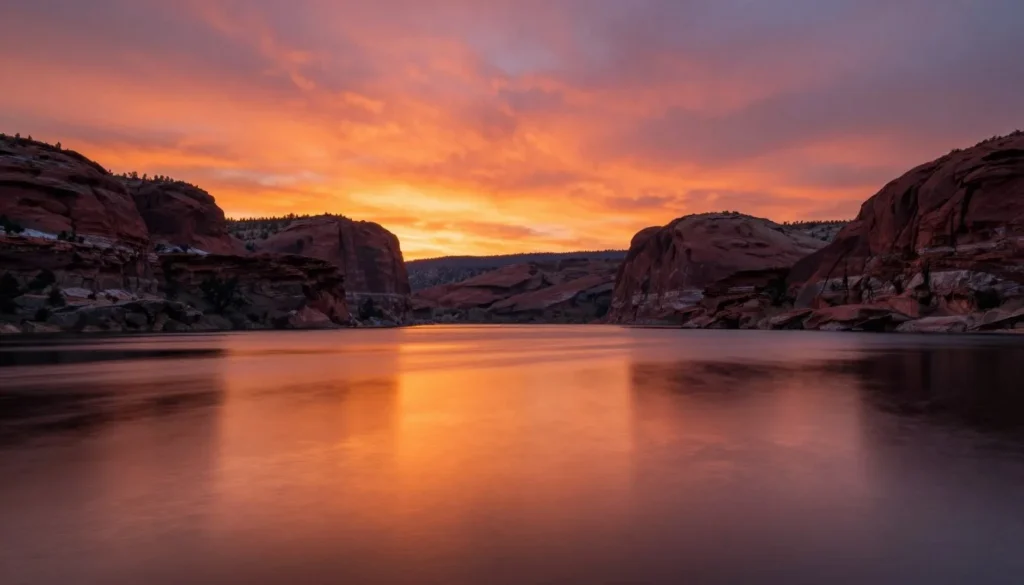 Dramatic sunset over Millsite reservoir and red rocks