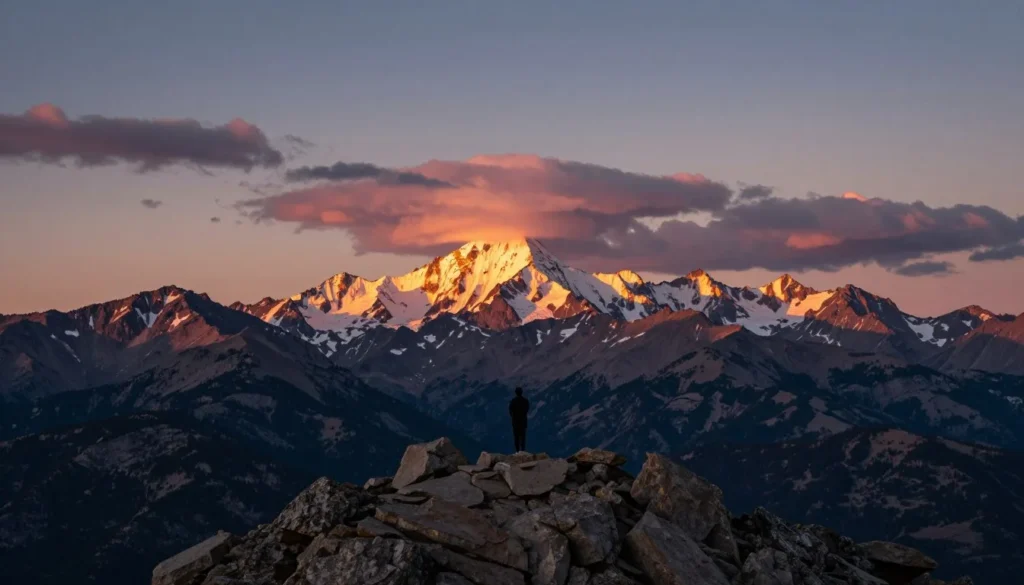 Dramatic sunset view from Uncompahgre Peak summit with alpenglow on surrounding Colorado mountain ranges Dramatic sunset view from Uncompahgre Peak summit with alpenglow on surrounding Colorado mountain ranges