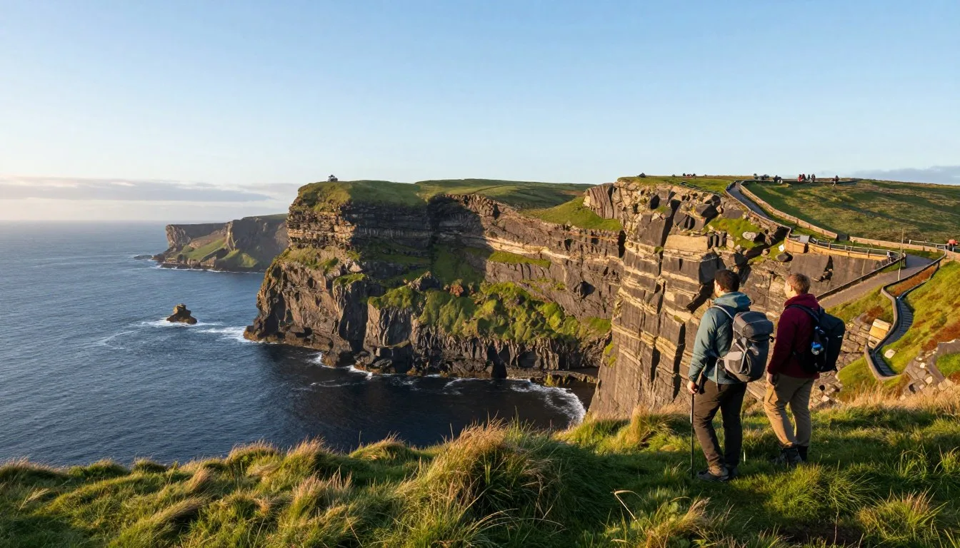 Dramatic sunset view of Sliabh Liag sea cliffs towering over Atlantic Ocean with hiking path visible along cliff edge