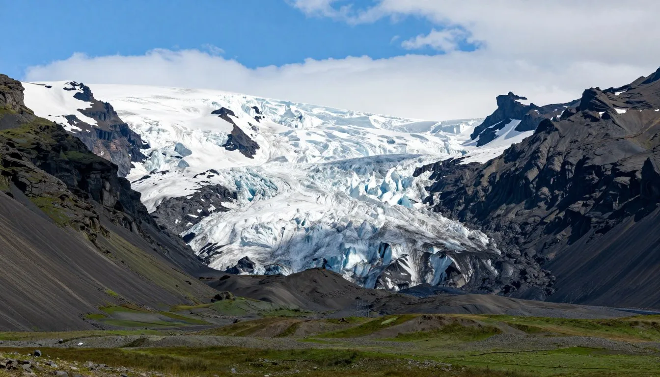 Dramatic view of Skaftafell Nature Reserve with Vatnajokull glacier tongue descending between black volcanic peaks under blue sky