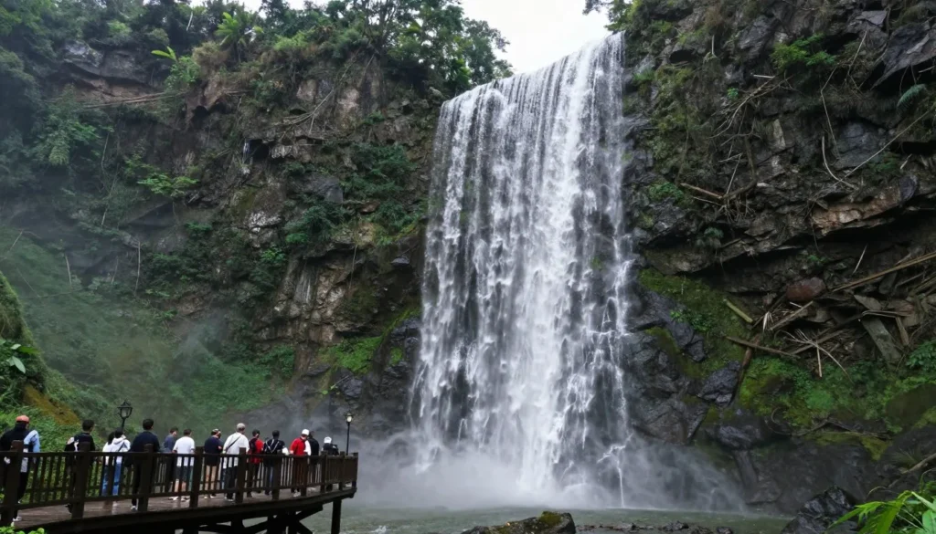 Dramatic waterfall cascading over rock formations in lush forest with visitors viewing from observation deck Dramatic waterfall cascading over rock formations in lush forest with visitors viewing from observation deck