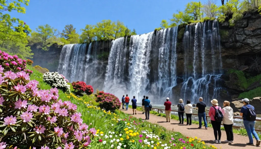 Dry Falls waterfall with spring wildflowers blooming along the trail in North Carolina Dry Falls waterfall with spring wildflowers blooming along the trail in North Carolina