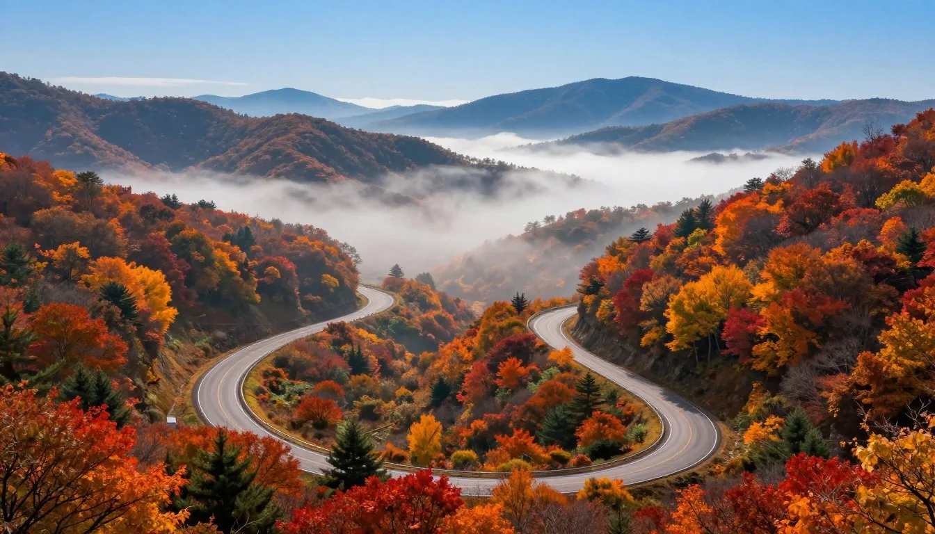 East-Tennessee-Crossing-Byway-winding-through-misty-Appalachian-mountains-with-autumn-foliage East Tennessee Crossing Byway winding through misty Appalachian mountains with autumn foliage