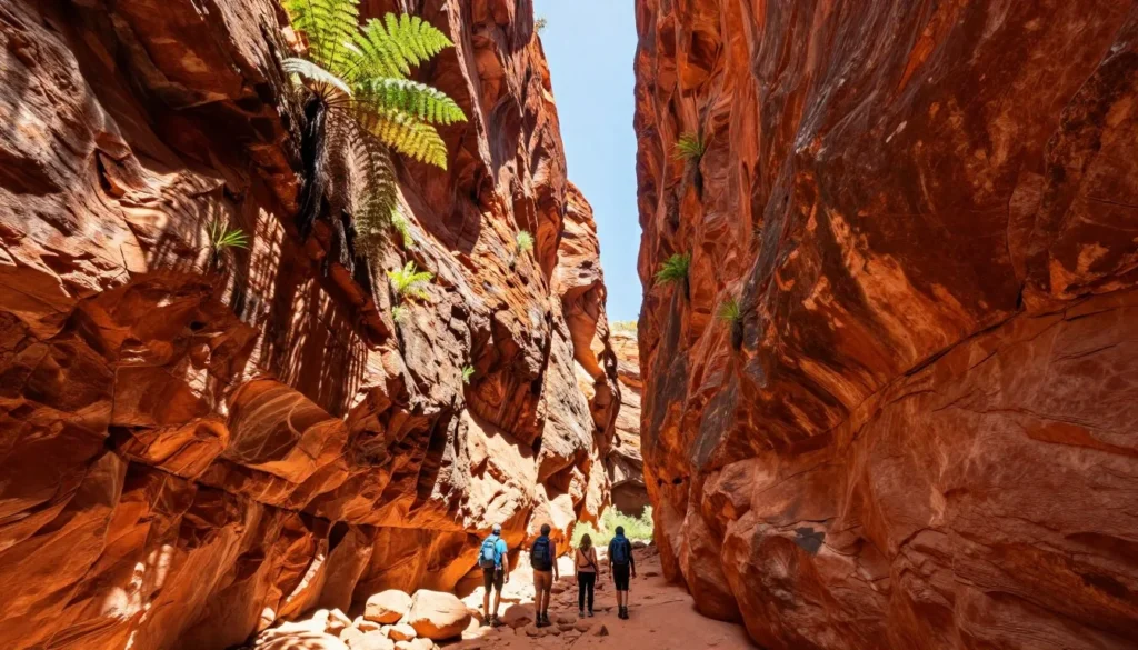 Echidna Chasm narrow gorge with towering red rock walls and small group of hikers Echidna Chasm narrow gorge with towering red rock walls and small group of hikers
