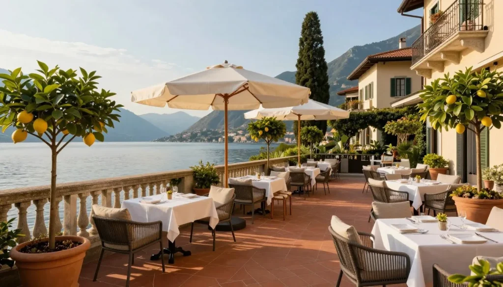 Elegant Lake Garda hotel terrace overlooking water with comfortable seating and mountain views Elegant Lake Garda hotel terrace overlooking water with comfortable seating and mountain views
