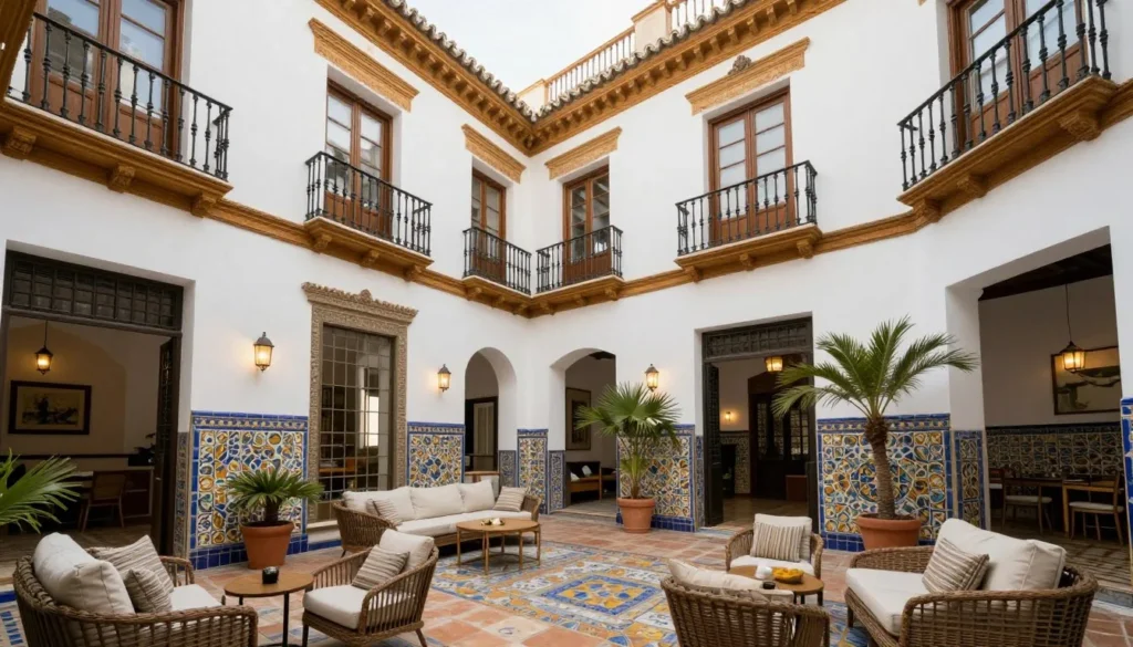 Elegant hotel courtyard in Malaga with traditional Andalusian design