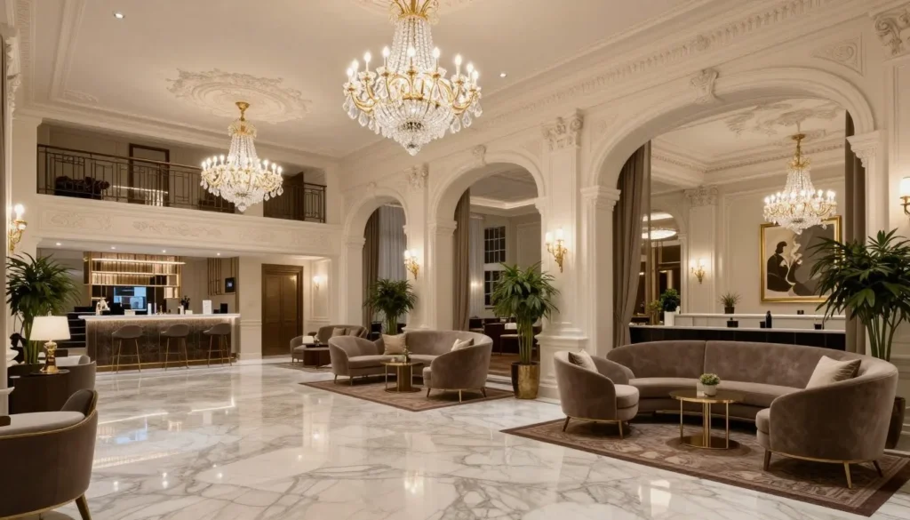 Elegant hotel lobby in Bucharest featuring marble floors and classical chandeliers Elegant hotel lobby in Bucharest featuring marble floors and classical chandeliers