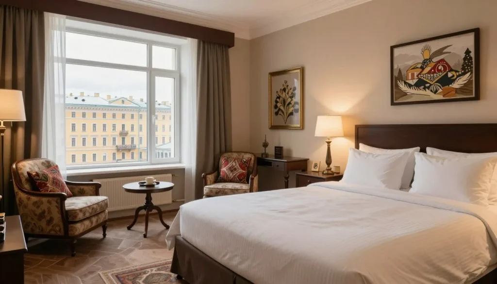 Elegant hotel room in Saint Petersburg with traditional Russian decorative elements, comfortable bed, and view of historic architecture through large windows Elegant hotel room in Saint Petersburg with traditional Russian decorative elements, comfortable bed, and view of historic architecture through large windows