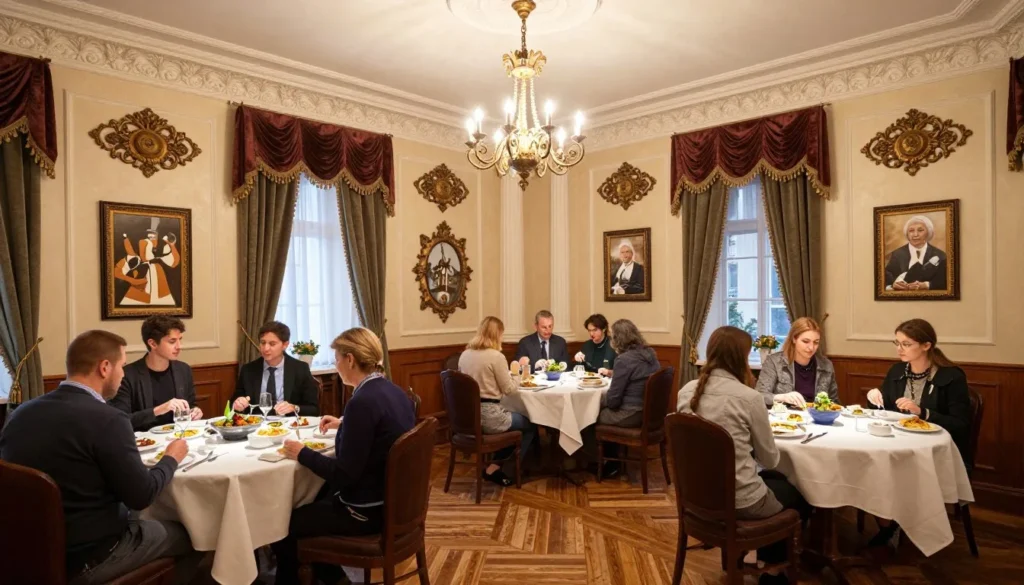 Elegant restaurant interior in Saint Petersburg featuring traditional Russian decor, white tablecloths, and classic ambiance with diners enjoying their meals Elegant restaurant interior in Saint Petersburg featuring traditional Russian decor, white tablecloths, and classic ambiance with diners enjoying their meals
