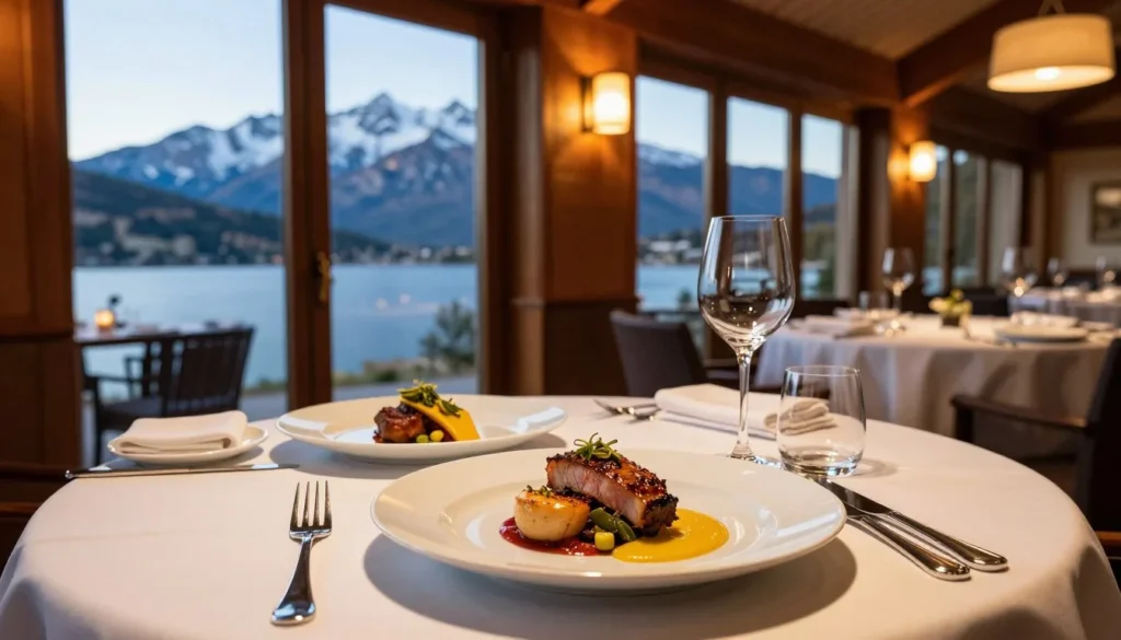 Elegant restaurant table with gourmet mountain cuisine and large windows showing Sierra Nevada lake view Elegant restaurant table with gourmet mountain cuisine and large windows showing Sierra Nevada lake view