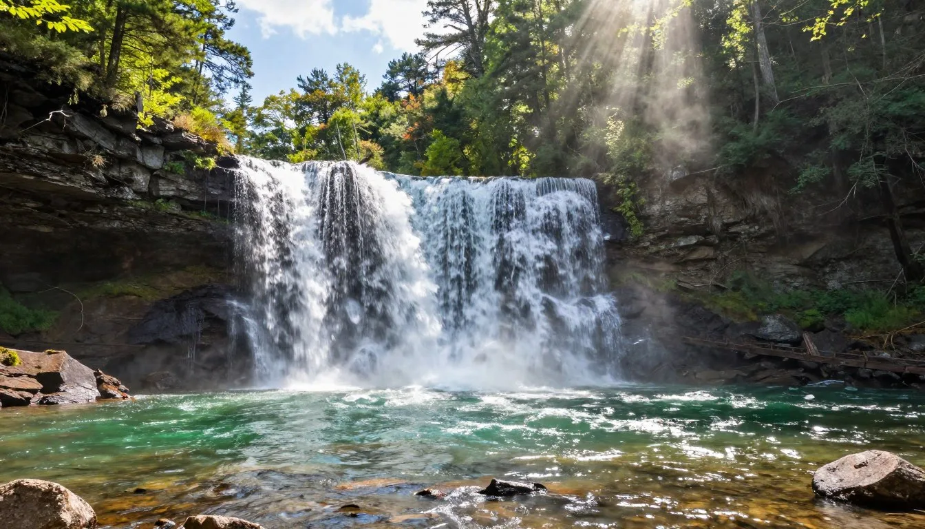 Elk-River-Falls-cascading-over-rocks-into-emerald-pool-surrounded-by-lush-forest-in-North Elk River Falls cascading over rocks into emerald pool surrounded by lush forest in North Carolina