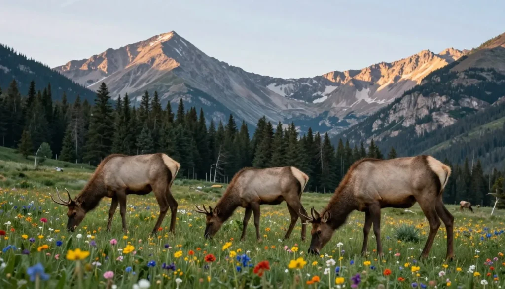 Elk grazing in alpine meadow with mountain wildflowers and peaks behind Elk grazing in alpine meadow with mountain wildflowers and peaks behind