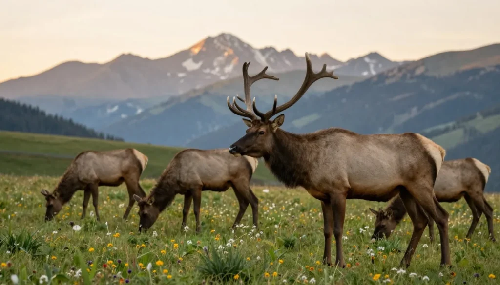 Elk herd grazing in Colorado mountain meadow with peaks in background during golden hour Elk herd grazing in Colorado mountain meadow with peaks in background during golden hour