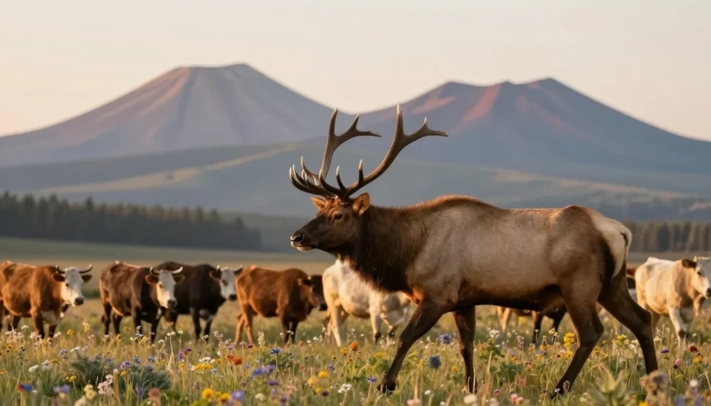 Elk herd grazing in meadow with volcanic peaks in background Elk herd grazing in meadow with volcanic peaks in background