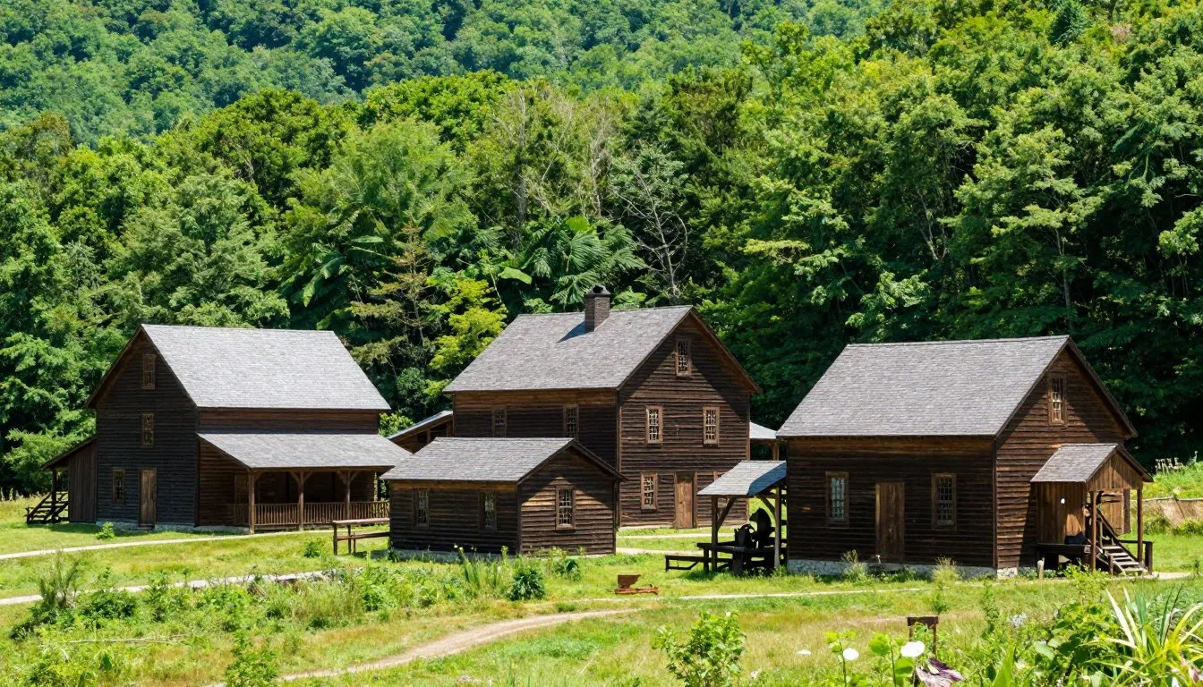 Emerald-Village-North-Carolina-historic-mining-buildings-surrounded-by-mountain-scenery Emerald Village North Carolina historic mining buildings surrounded by mountain scenery