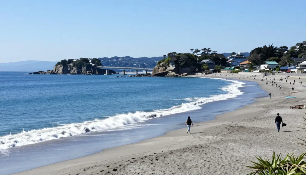 Enoshima island viewed from the beach with bridge connecting to mainland