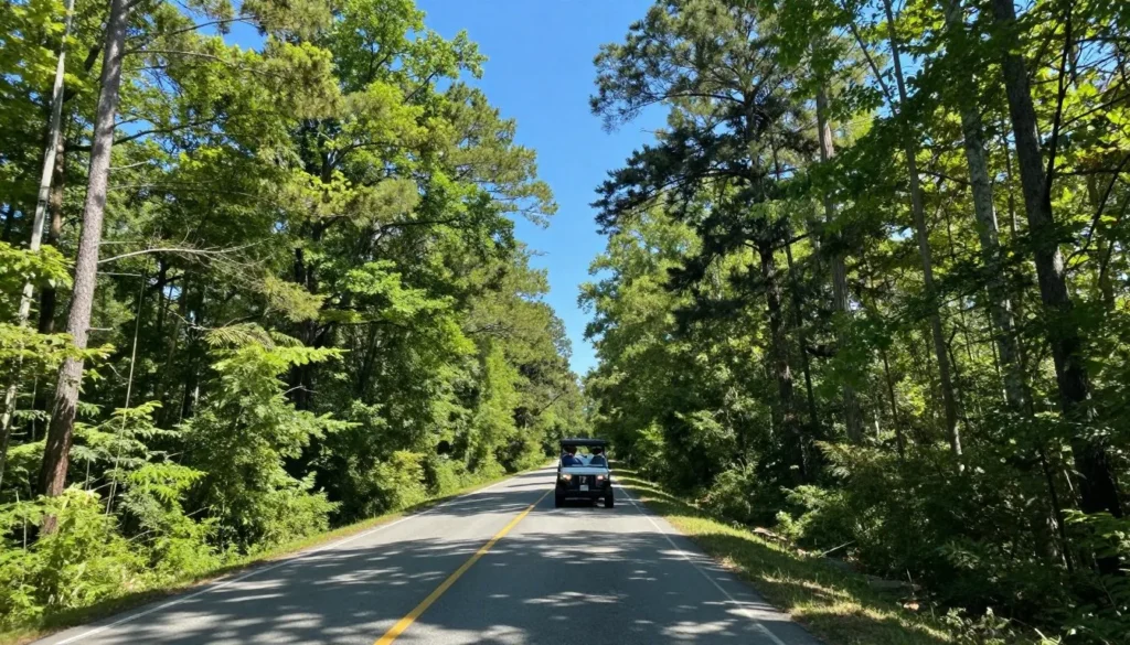 Entrance road to Dismal Swamp State Park with dense forest surrounding the path Entrance road to Dismal Swamp State Park with dense forest surrounding the path