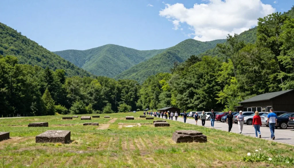 Entrance to Cades Cove Loop Road with mountains in background Entrance to Cades Cove Loop Road with mountains in background