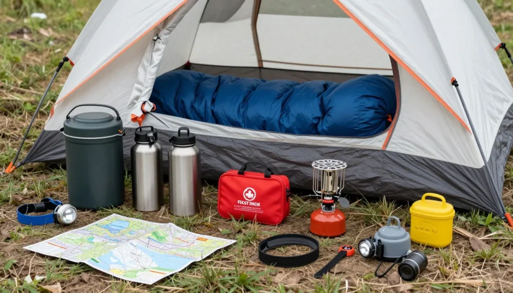 Essential camping and hot springs gear laid out Essential camping and hot springs gear laid out