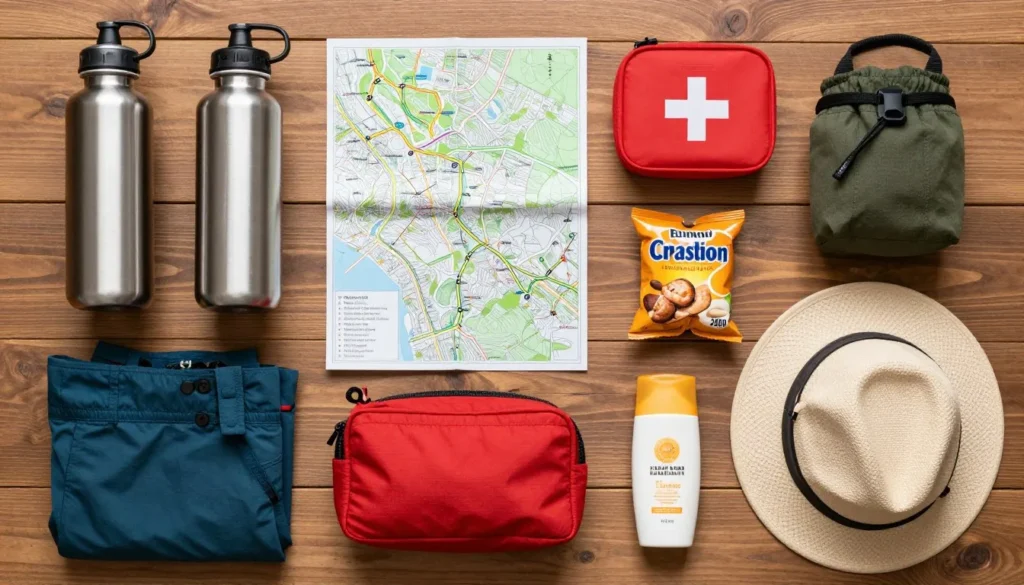 Essential outdoor gear and supplies laid out