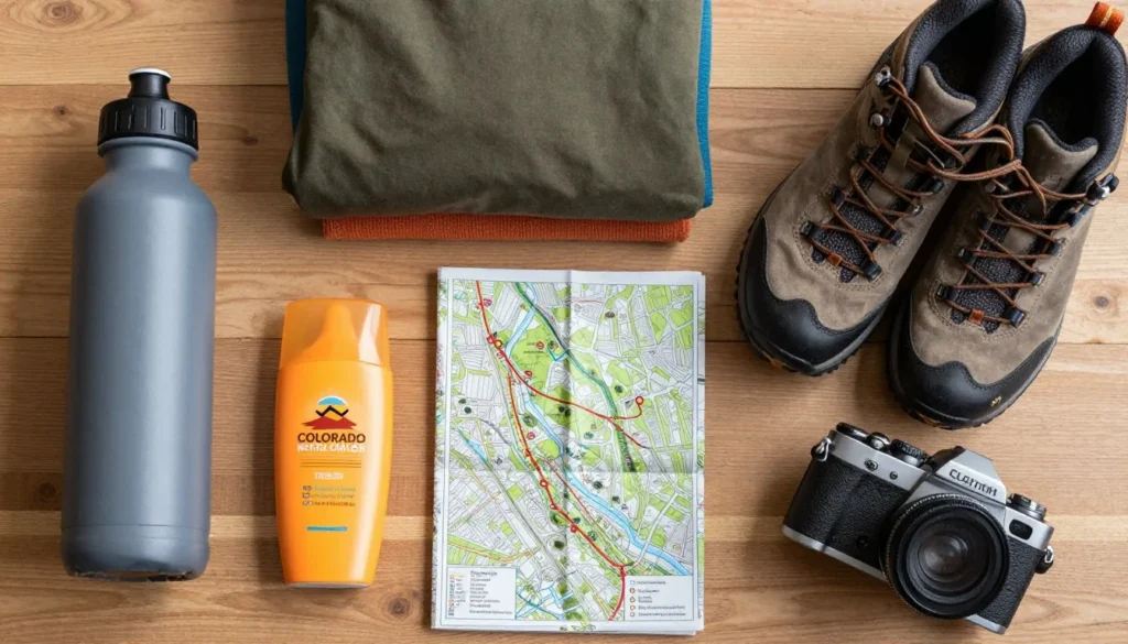 Essential travel items laid out including sunscreen water bottle hiking gear and camera for Colorado mountain trip