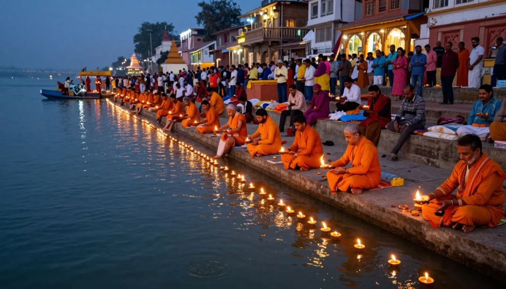 Evening Ganga Aarti ceremony in Rishikesh with oil lamps floating on the Ganges River and devotees gathered on the ghats