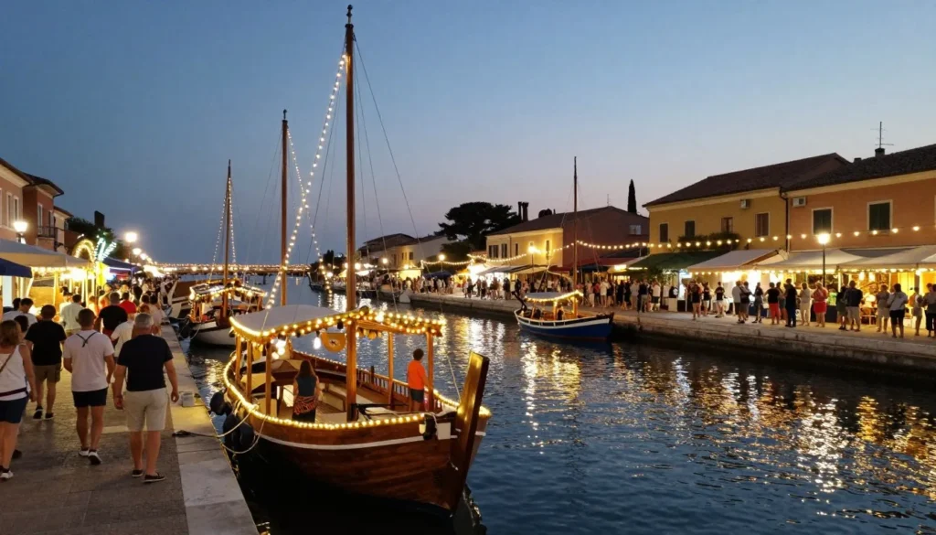 Evening festival atmosphere along Cesenatico canal port with lights, people, and traditional boats decorated for celebration