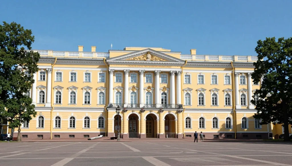 Exterior view of the Russian Museum Mikhailovsky Palace showing its yellow neoclassical facade with white columns Exterior view of the Russian Museum Mikhailovsky Palace showing its yellow neoclassical facade with white columns