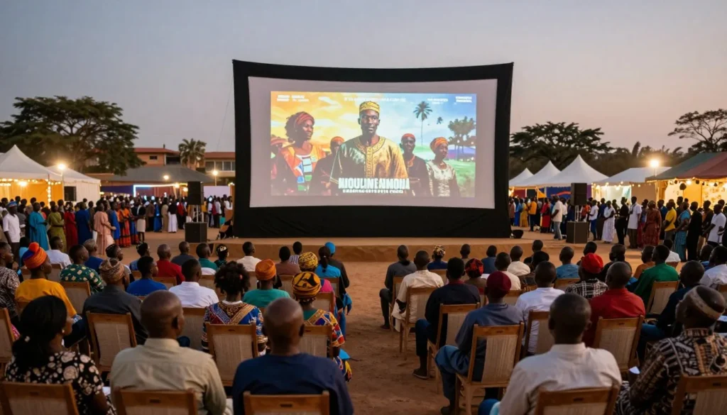 FESPACO film festival outdoor screening with diverse audience watching large screen under evening sky in Ouagadougou FESPACO film festival outdoor screening with diverse audience watching large screen under evening sky in Ouagadougou