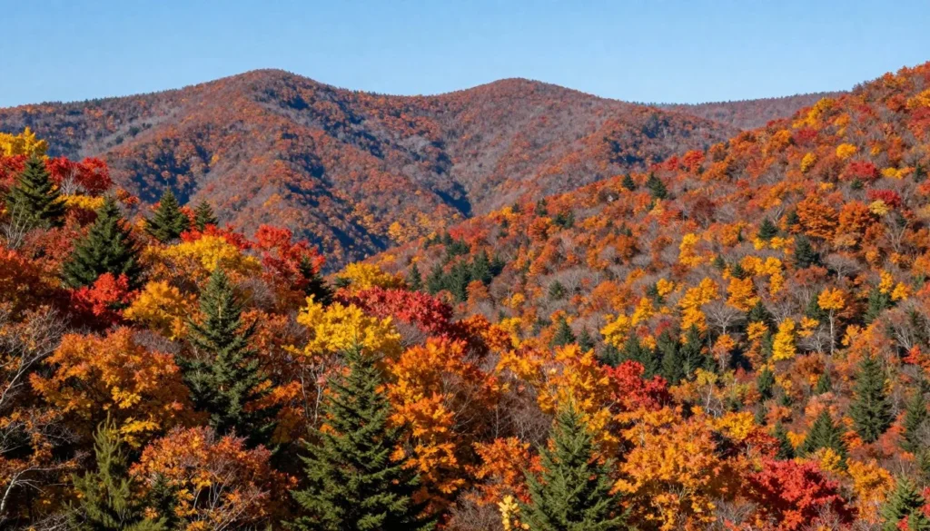 Fall foliage colors covering Great Smoky Mountains with vibrant red and orange trees Fall foliage colors covering Great Smoky Mountains with vibrant red and orange trees