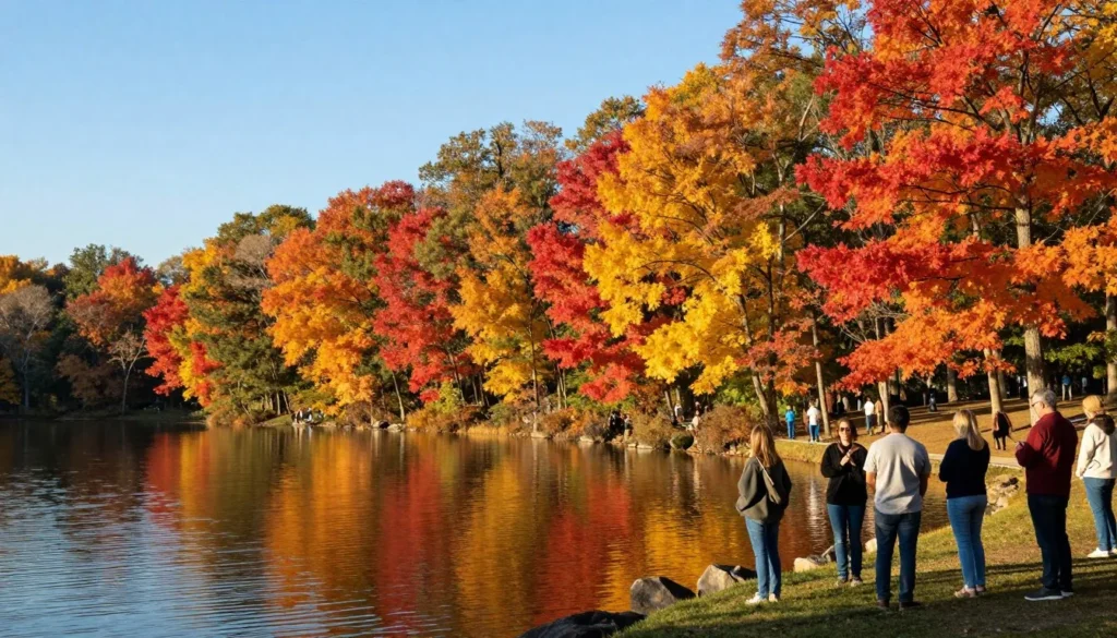 Fall foliage surrounding Duck Island with vibrant autumn colors reflected in lake waters Fall foliage surrounding Duck Island with vibrant autumn colors reflected in lake waters