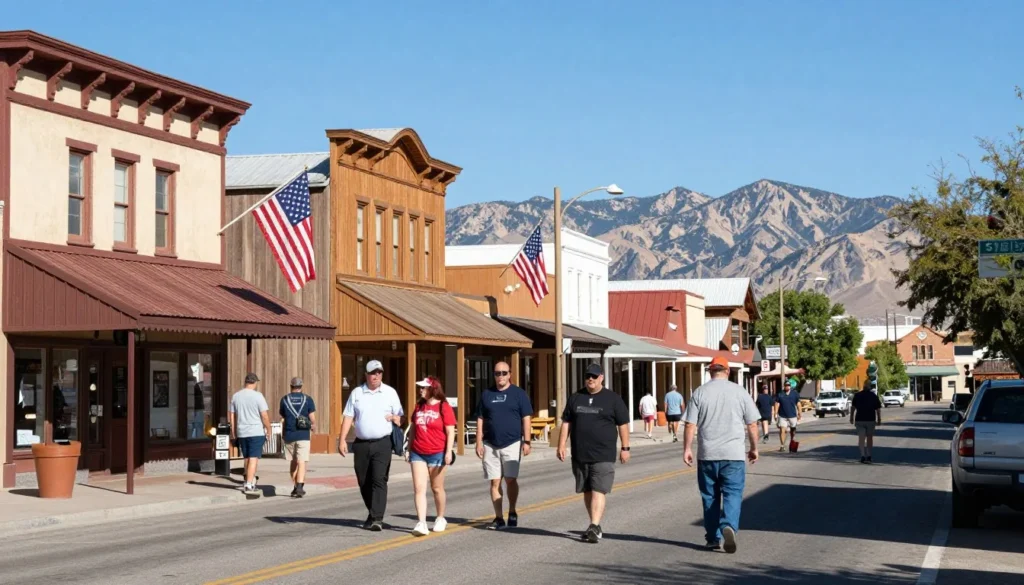 Fallon Nevada downtown area with historic buildings and mountain backdrop
