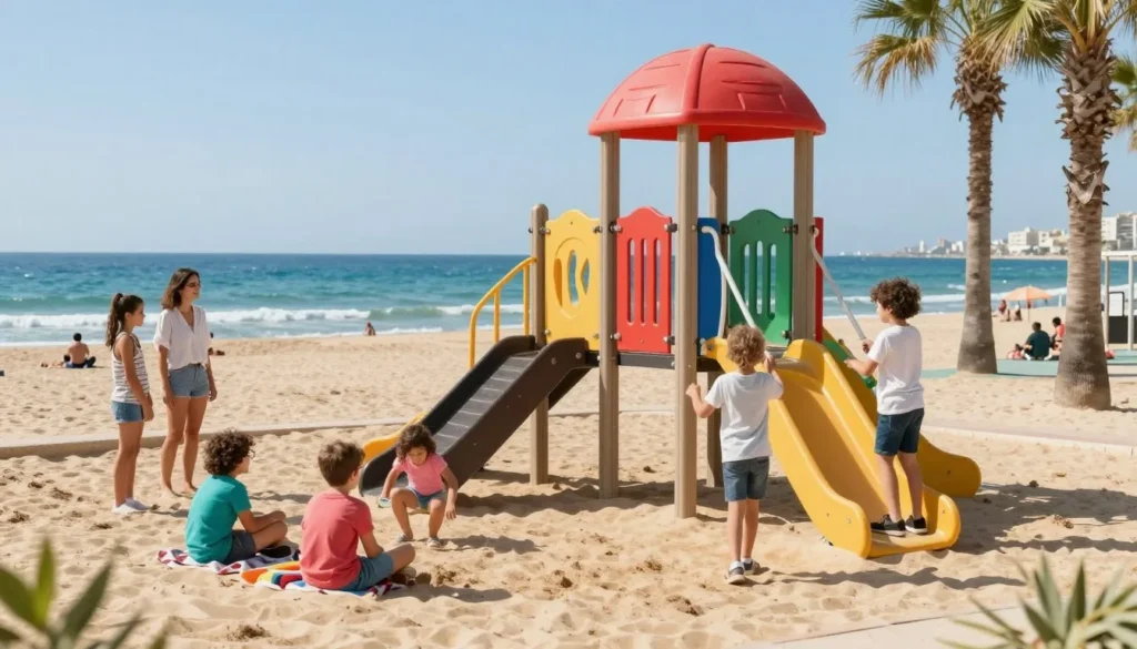 Families enjoying beach activities and playground equipment at Tel Aviv beach