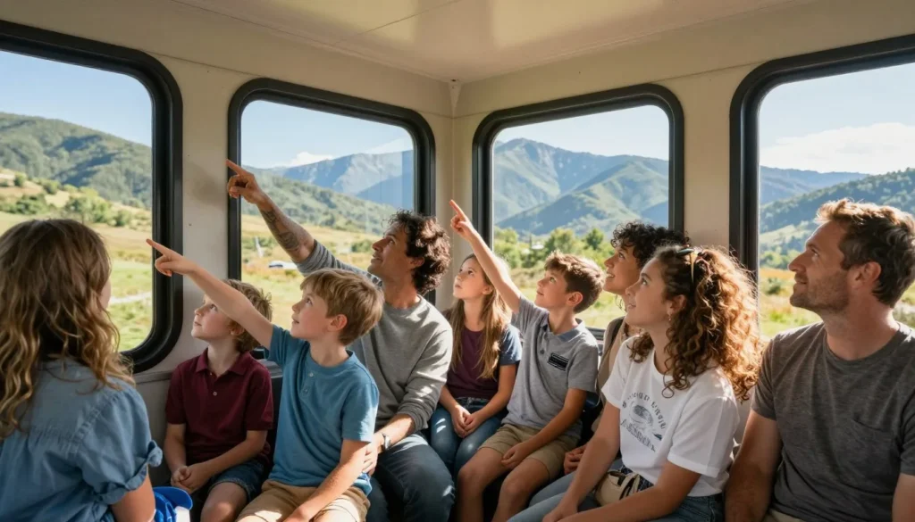 Families enjoying open-air train car experience with mountain views Families enjoying open-air train car experience with mountain views