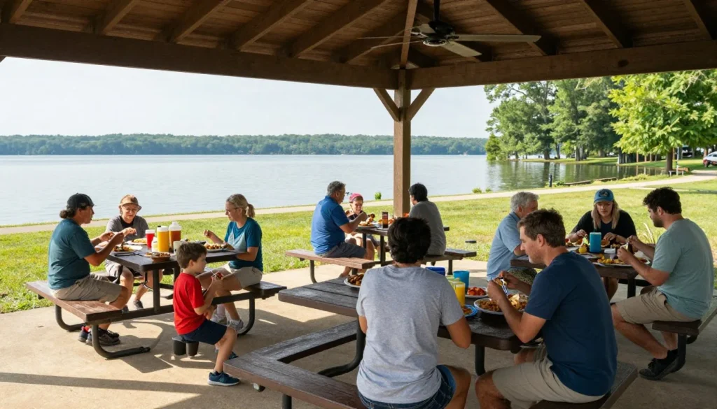 Families enjoying picnic meals at Harrison Bay State Park Families enjoying picnic meals at Harrison Bay State Park