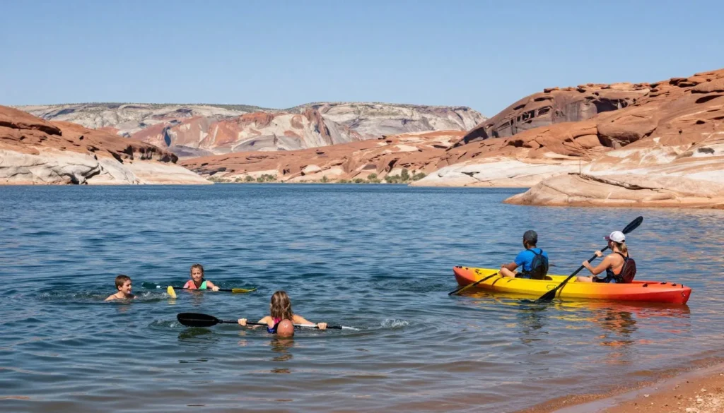 Families enjoying water activities at Millsite reservoir on sunny summer day