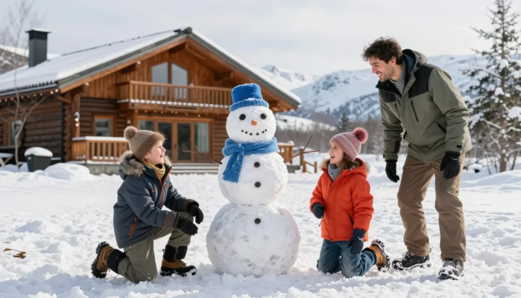 Family building snowman together near Nordic Valley lodge