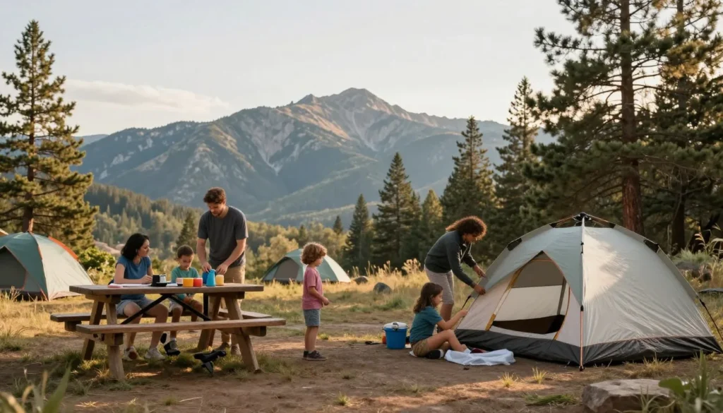 Family camping at developed campground near Mount Nebo with tents and picnic area