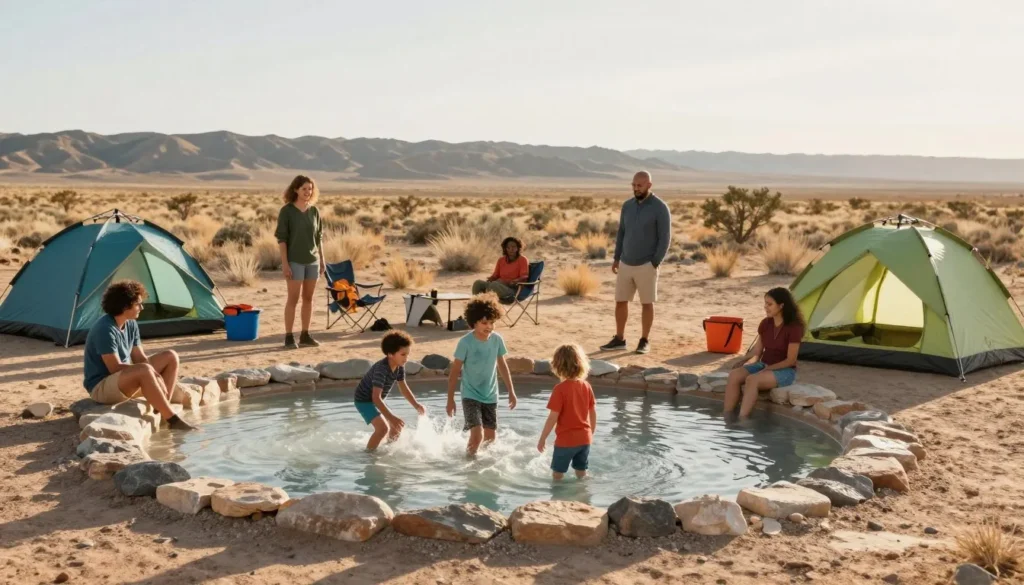 Family camping scene near hot springs with children playing safely in desert