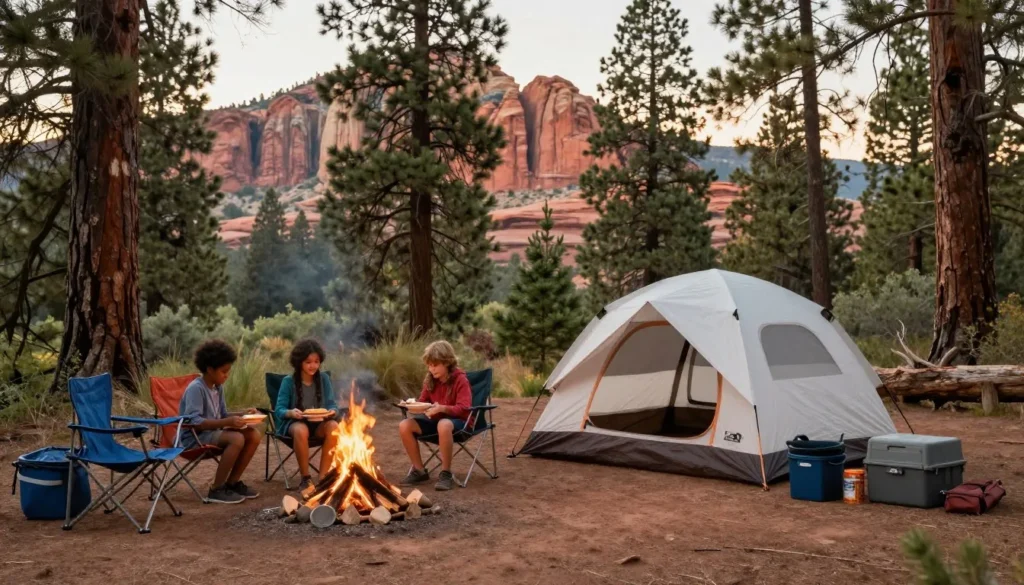Family camping setup with tent and campfire at scenic mountain campground Family camping setup with tent and campfire at scenic mountain campground