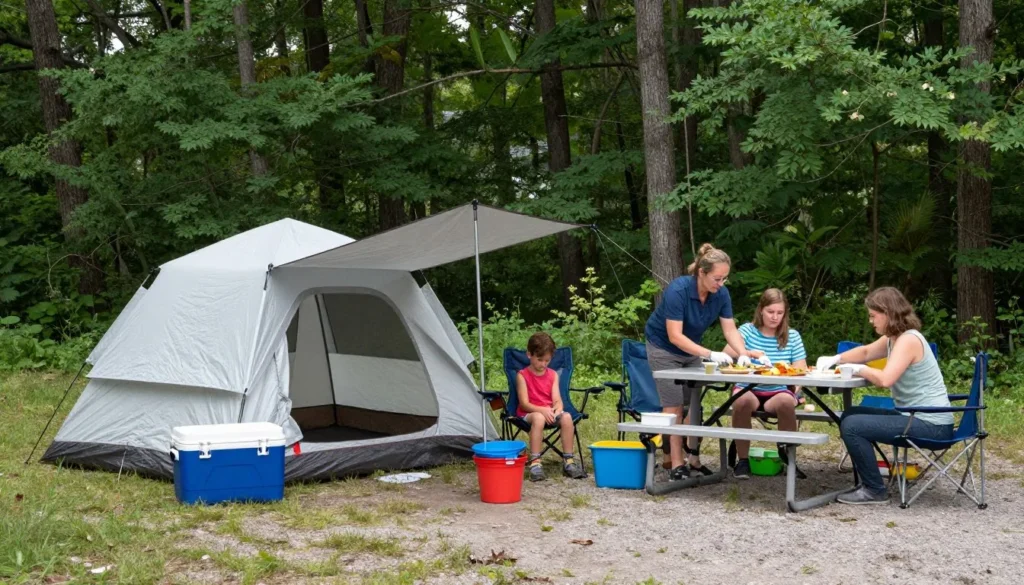 Family camping setup with tent and camping gear at affordable campsite Family camping setup with tent and camping gear at affordable campsite