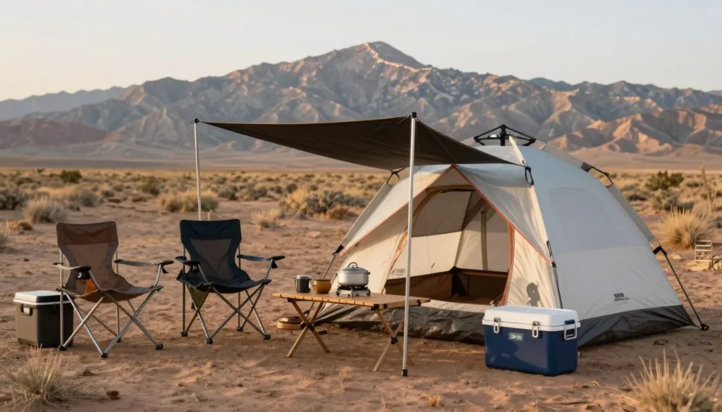 Family camping setup with tent and camping gear in Utah high desert landscape Family camping setup with tent and camping gear in Utah high desert landscape