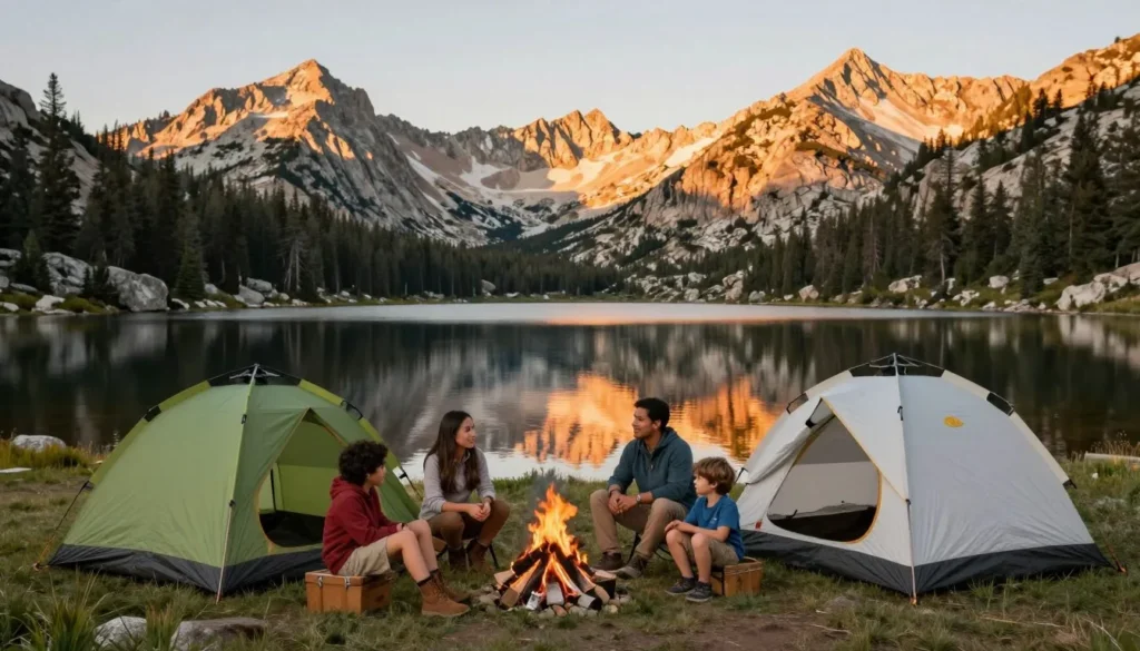 Family camping with tent beside Sierra Nevada alpine lake at sunset Family camping with tent beside Sierra Nevada alpine lake at sunset