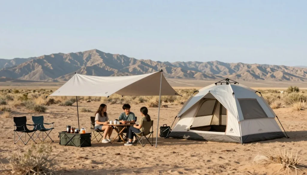 Family campsite setup with tent and shade canopy