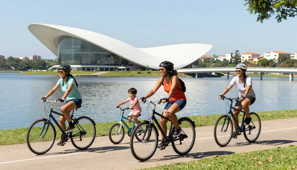 Family cycling on Pampulha lakeside path