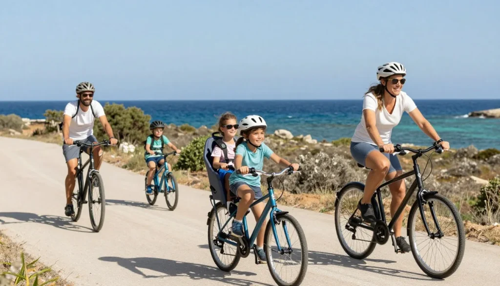 Family cycling together on coastal path with bicycles and child seats