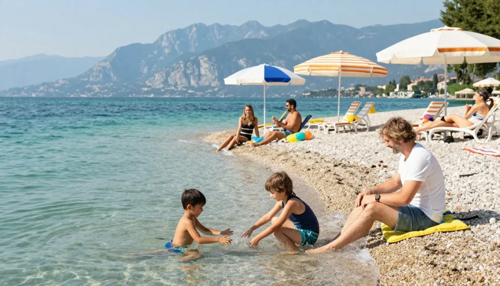 Family enjoying Lake Garda beach with children playing in shallow water and parents relaxing nearby Family enjoying Lake Garda beach with children playing in shallow water and parents relaxing nearby