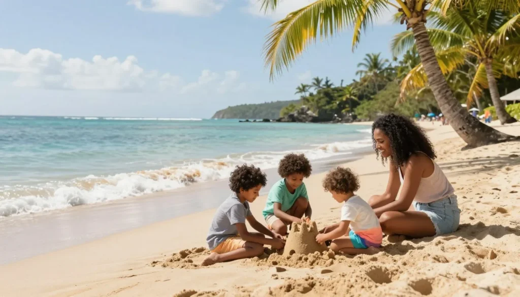 Family enjoying a calm Caribbean beach on St. Vincent Island Family enjoying a calm Caribbean beach on St. Vincent Island