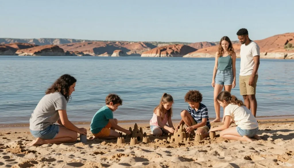 Family enjoying activities at Millsite State Park beach area