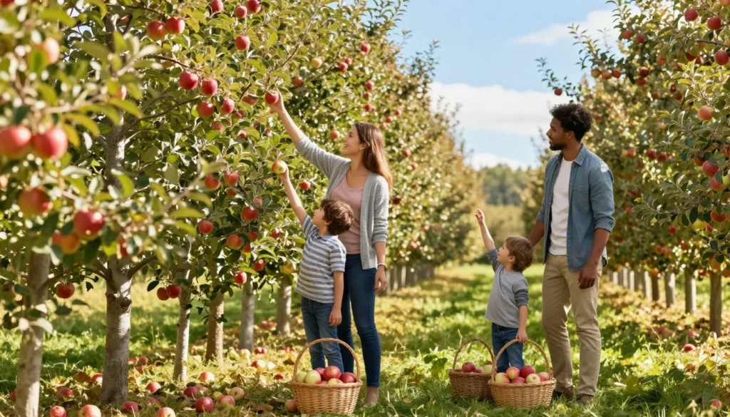 Family enjoying apple picking experience in Aomori orchard with children reaching for fruit